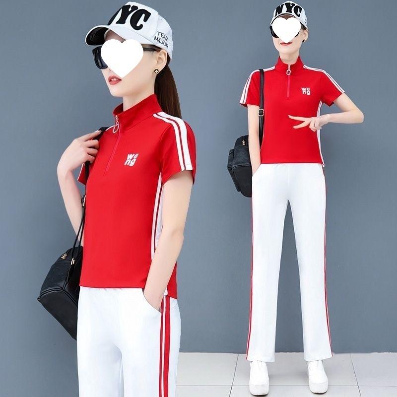 Tuta Sportiva Casual da Donna, Collo Alto, Manica Corta Moda Estiva, Pantaloni a Gamba Dritta Ringiovanenti, Set Bicolore Estetico