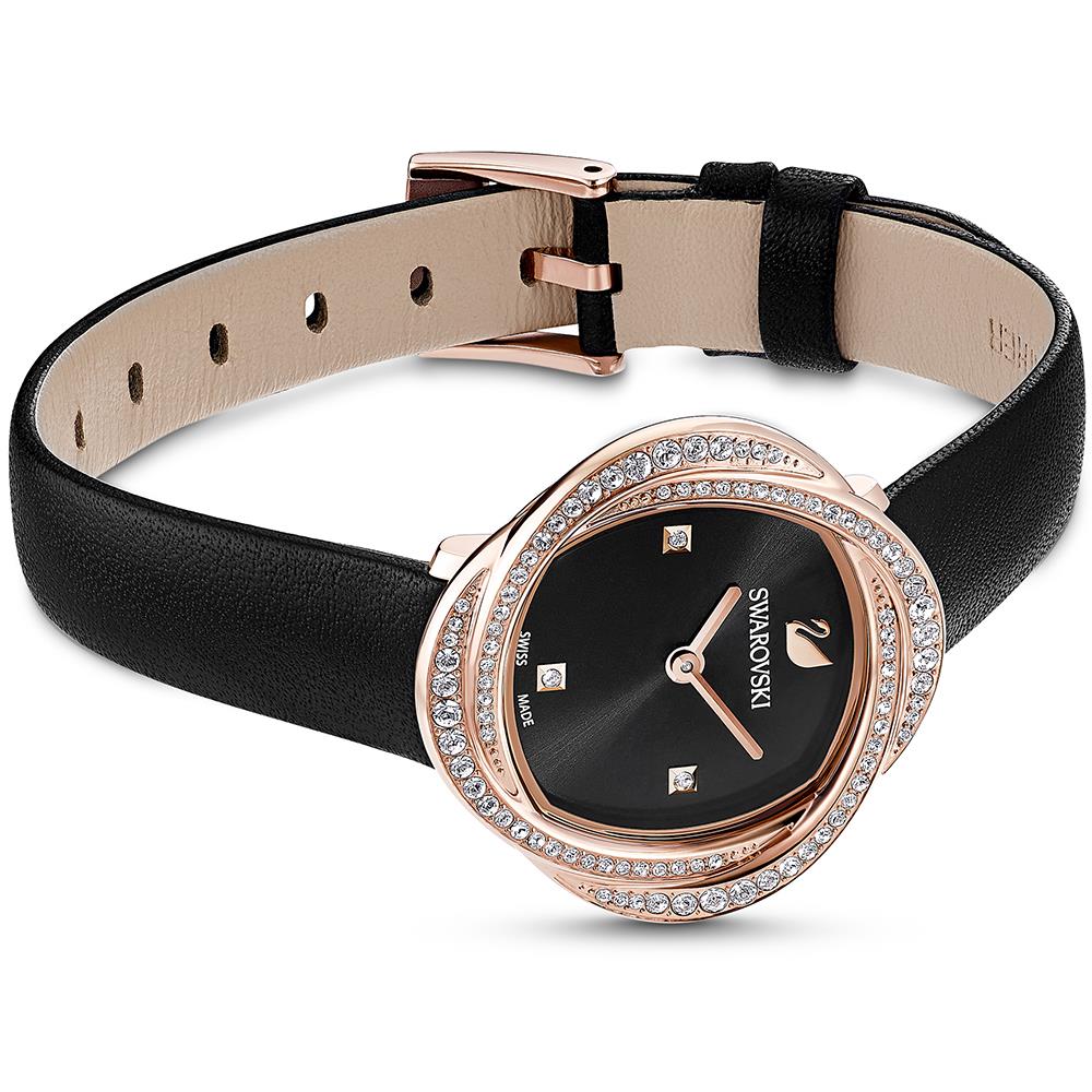 Swarovski 5552421 Crystal Leather Strap Black Rose Gold Tone Women's Watch