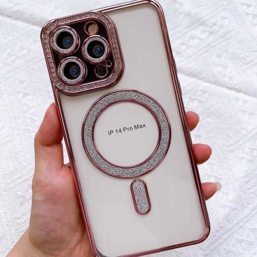 Anwendbar auf Apple IPhone 15 Seite Diamant Magnetische Saug Handyhülle Gold Integrierter Glitzer Versiegeltes Kamera Diamant Etui