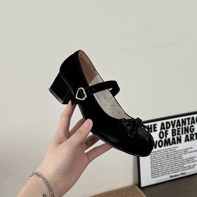 Fashion Bow Shallow Mouth Cute Pumps Spring Autumn Temperament Thick Middle Heel Mary Janes Shoes Solid Round Toe Suede Pumps for Women