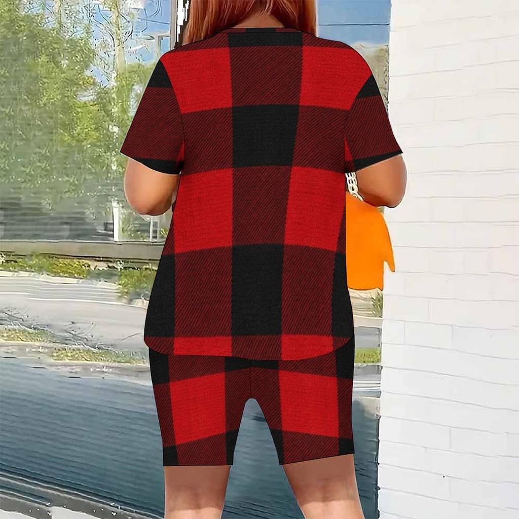 Women Plus Size Brown Blue Plaid Printed Round Neck Short Sleeve Top And Fitted Shorts Two Piece Set