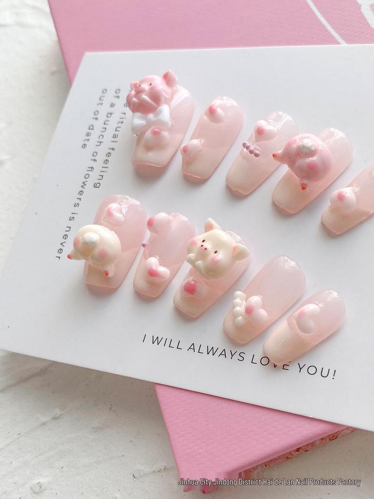 2024 Wearable Cute Pig Art Whitening Long-Lasting Removable Short Nail Patches