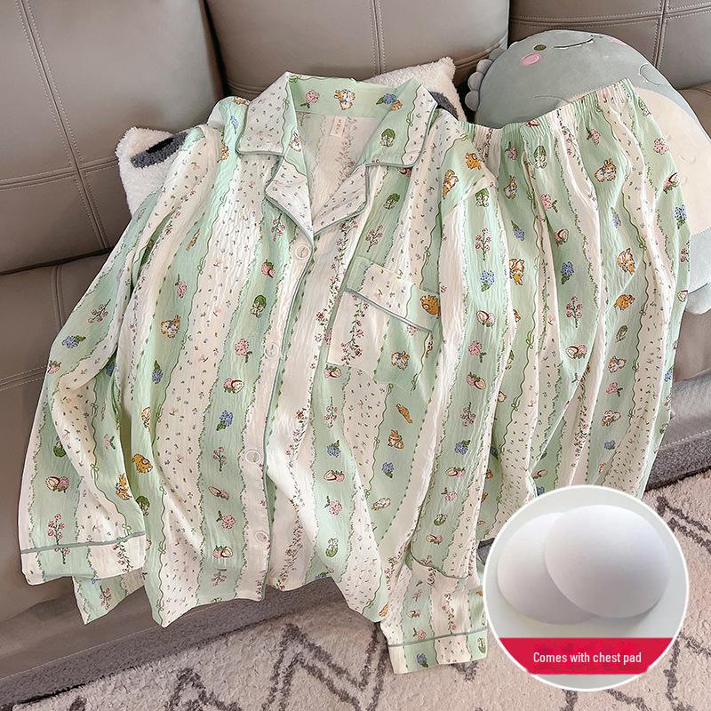 Dámská pyžamová souprava z obláčkové bavlny - S vycpávkou na hrudi, Kardigan s dlouhým rukávem, Ideální na jaro a podzim, Sladký a roztomilý design.