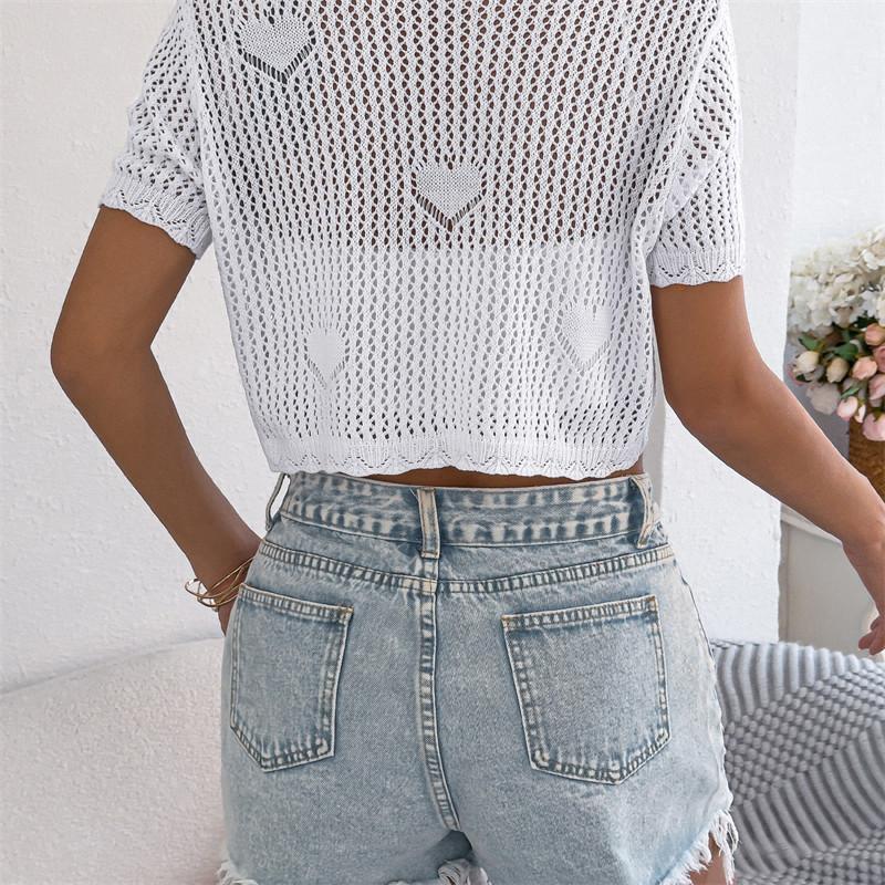 2026 Spring/Summer Women's Hollow Lace Short Sleeve Knitted Open Top S-XL