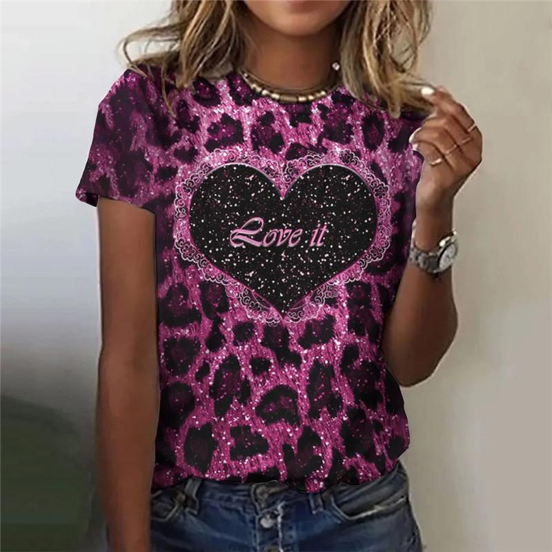 

Love Heart Pattern Women Fashion T-Shirts Summer Short Sleeve 3D Printing Leopard Street Ladies Tee Casual Tops XXS