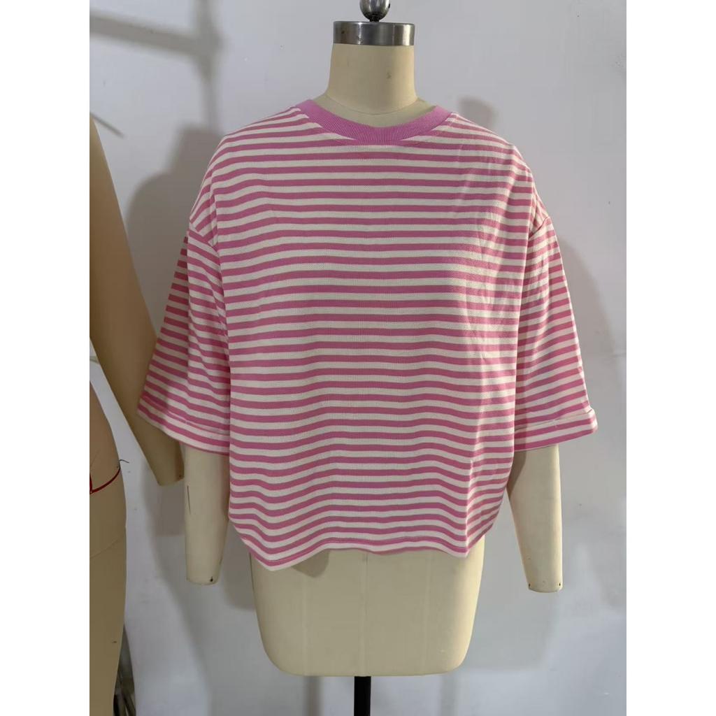 Neues gestreiftes Rundhals-Strickoberteil für Damen mit Schleife am Rücken für die Freizeit