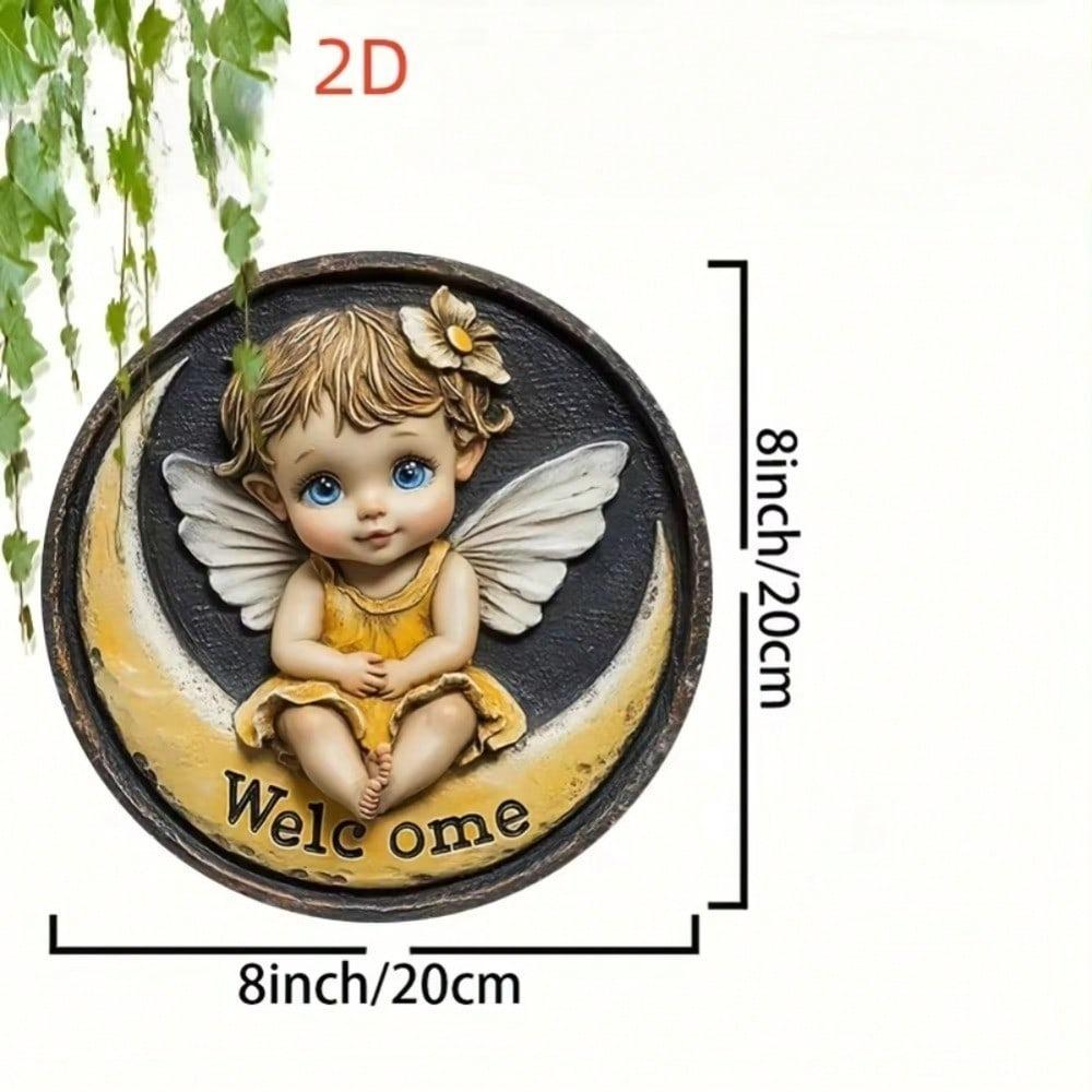Whimsical Angel On Half Moon Boho Welcome Sign Home Decor Halloween Wall Art