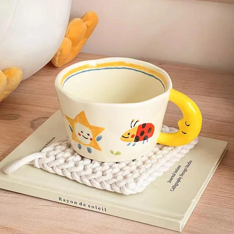 300ML Cute Coffee Cups Ceramic Cartoon Hand Painted Handle Breakfast Milk Beverage Water Cup Couple Mug Gift Home Office Drinks