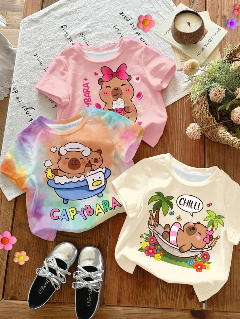 Summer Strawberry Printed T-Shirt Sweet Cute Cartoon Short Sleeve Children's T-Shirt Crew Neck Casual Tees Outdoor Girls Clothes