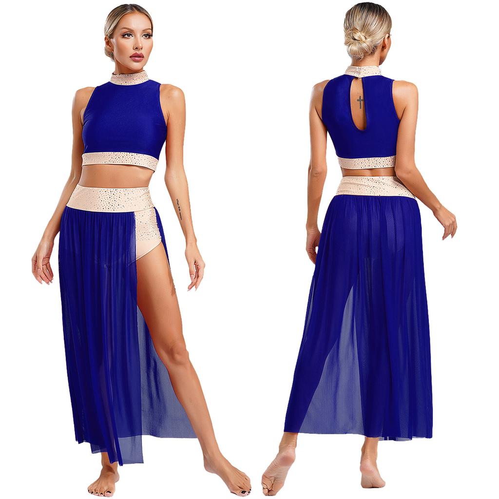 Women 2pcs Cutout Dancewear Ballroom Modern Lyrical Dance Skating Stage Performance Long Dress Side Split Skirt Maxi Dresses