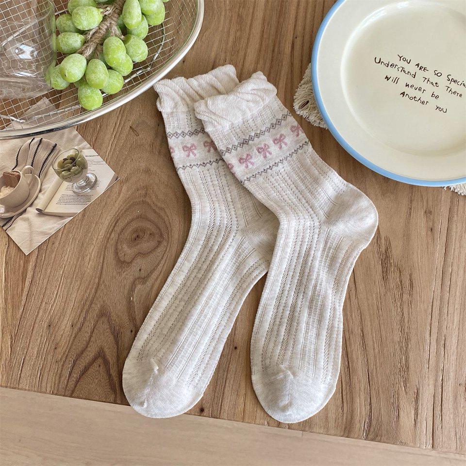 Retro Fair Isle Ruffle Bow Mid-Calf Socks for Women - Cute Lace Academy Style Slouch Socks
