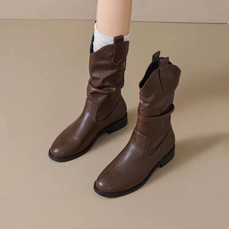 High Street Round Head Thick Heel Skinny Pleated Pile Boots Trendy Women's Autumn Western Cowboy Knight Boots Women's
