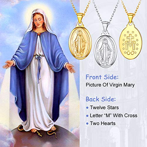 Silvora Necklace for Men and Women, Gold, Hypoallergenic, Virgin Mary Miraculous Medal Pendant, Amulet