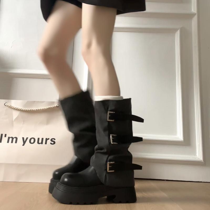 Fashion Winter Fashion Platform Heels Women Knight Boots Fashion Belt Buckle Slip On Shoes Ladies Elegant Mid Calf Booties