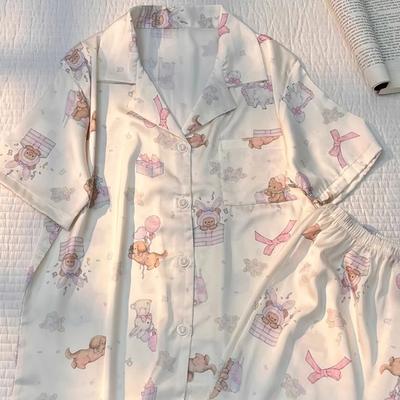 Sweet Little Dog & Bear Print Women's Pajamas Cartoon Cute Harajuku Lounges  Summer Home Sleepwear