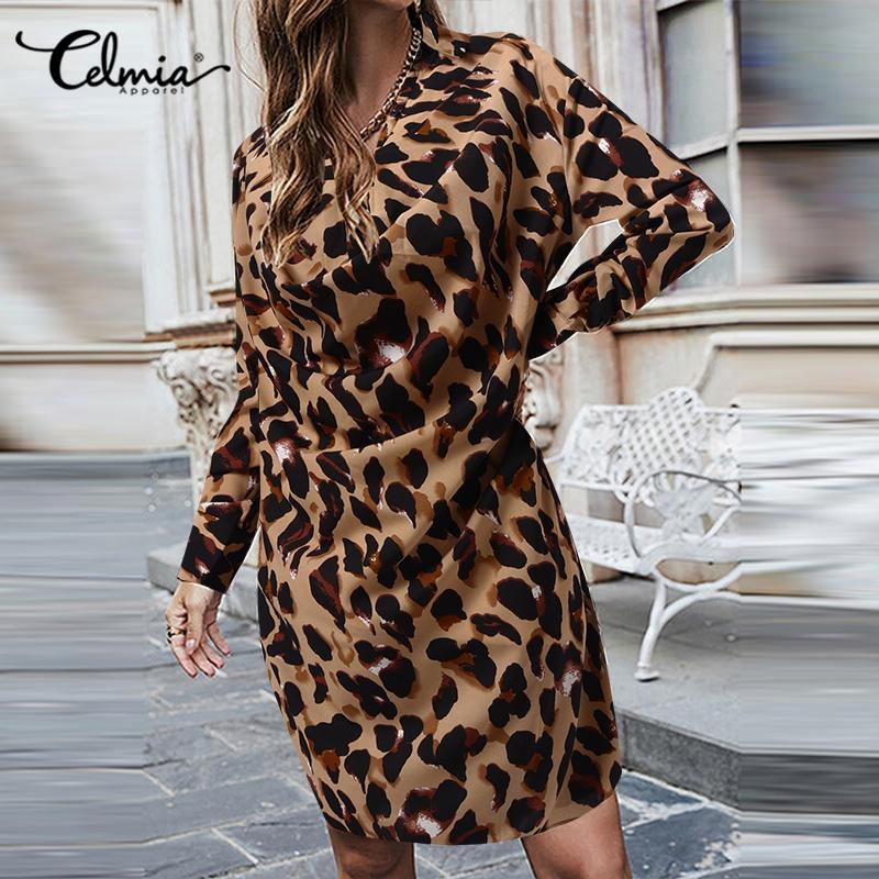 

Celmia Leopard Print Весеннее женское платье с длинным рукавом и капюшоном с глубоким вырезом