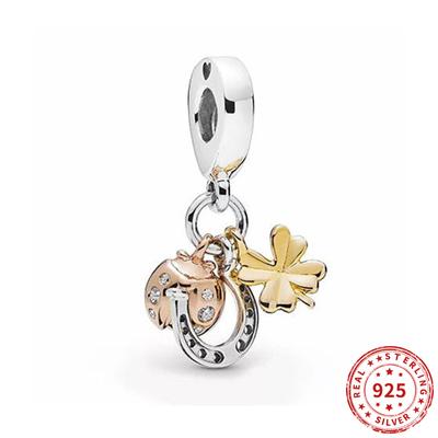Real 925 Sterling Silver Beads Horseshoe Clover Ladbird Dangle Charm Suitable Fit Original Fashion Bracelet Jewelry 2022
