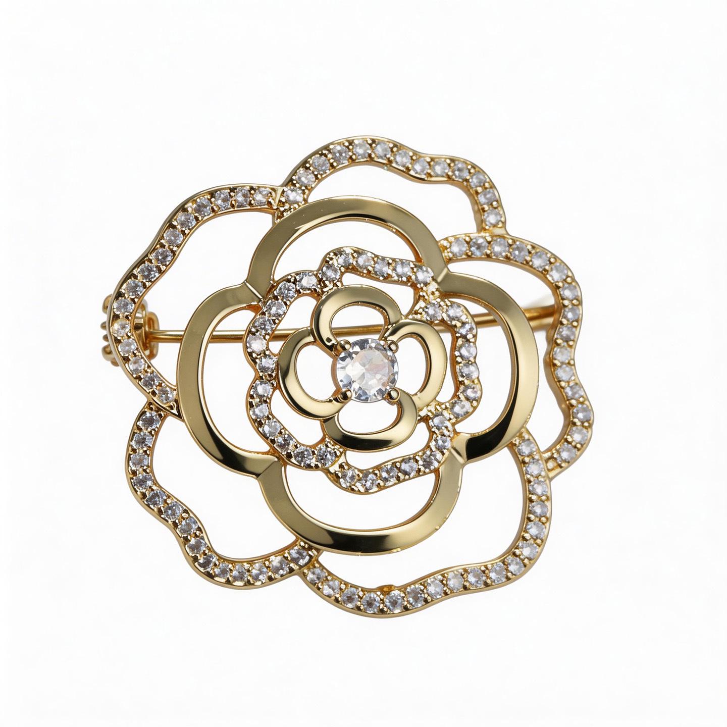 Bo Xin Yun Gold-Plated Camellia Brooch - Copper  Zirconia Accessory