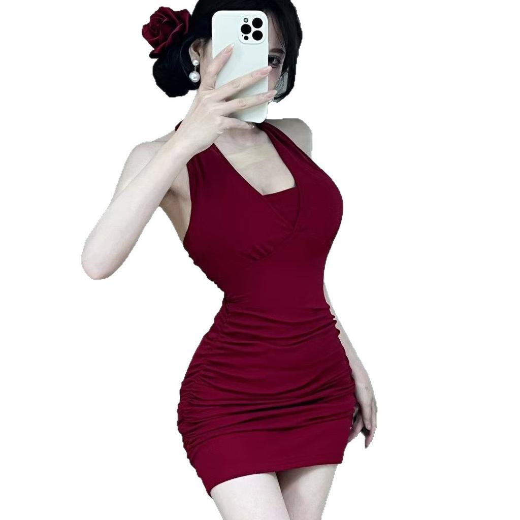 Neck strap chain design halter dress female European and American style sexy hot girl slim sleeveless hip wrap short skirt