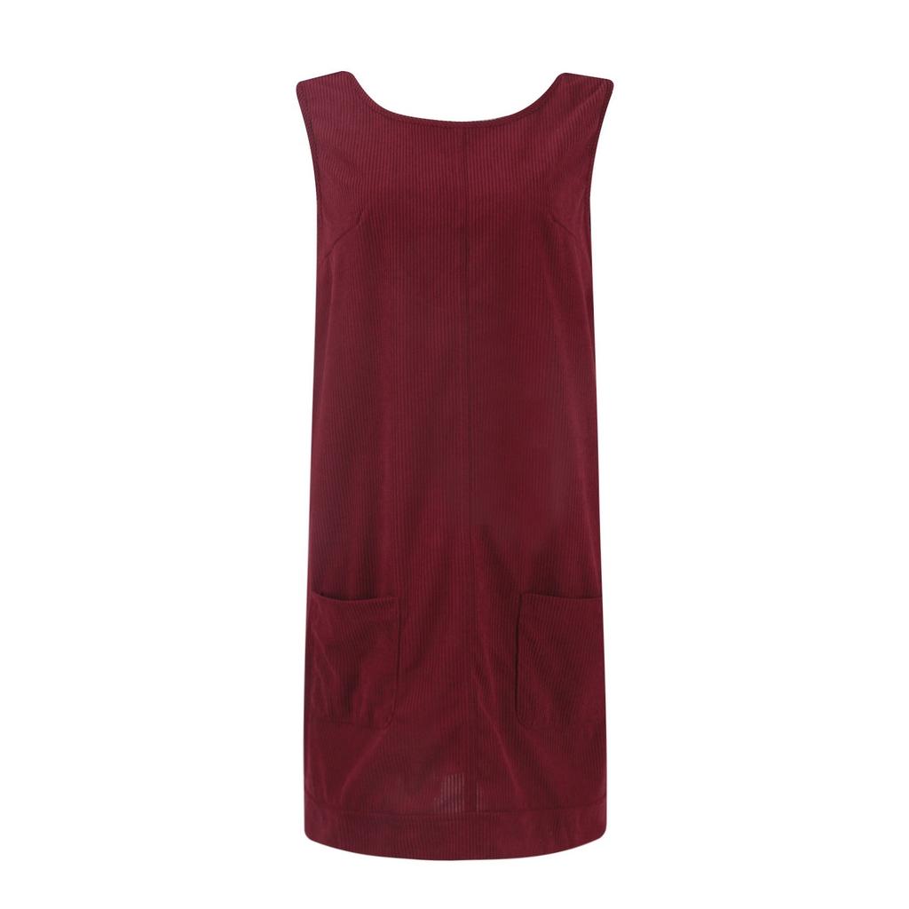 Women's Fashion Corduroy Color Round Neck A Line Vest Dress Pinafore With Pockets