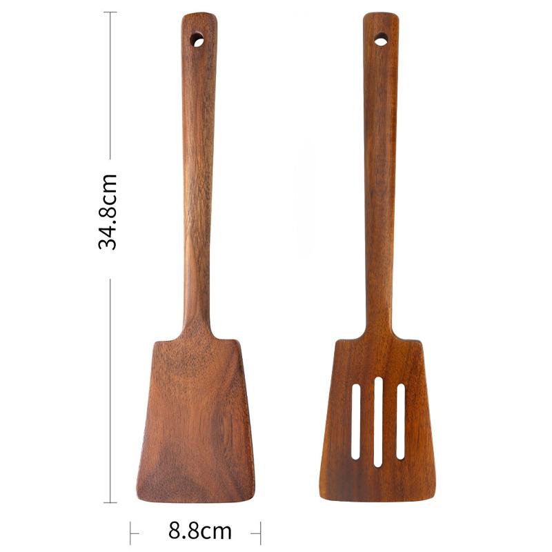 34cm Masivní dřevěná obracečka na vaření Dlouhá rukojeť Lopatka Nepřilnavá obracečka na smažení Smažené vejce Děrovaná lopatka Kuchyňské doplňky