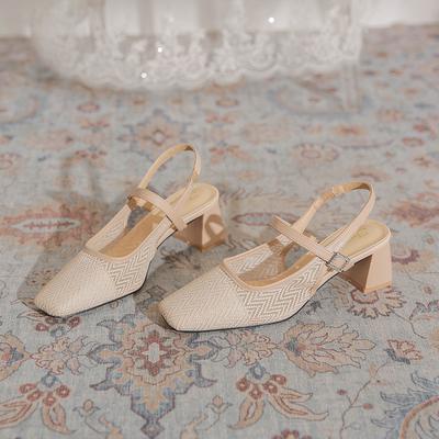 Sandales à talons hauts pour femmes été 2024 nouveau maille respirante talon épais bout carré mode navetteur français talon moyen chaussures simples