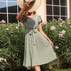 Chic Women Summer Green V Neck Long Sleeve Lace Up Pleated A Line Print Dress