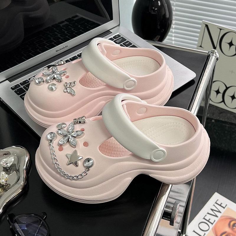 Baotou slippers versatile women's shoes spring and summer new rhinestone heightening non-slip new thick-soled hole shoes women