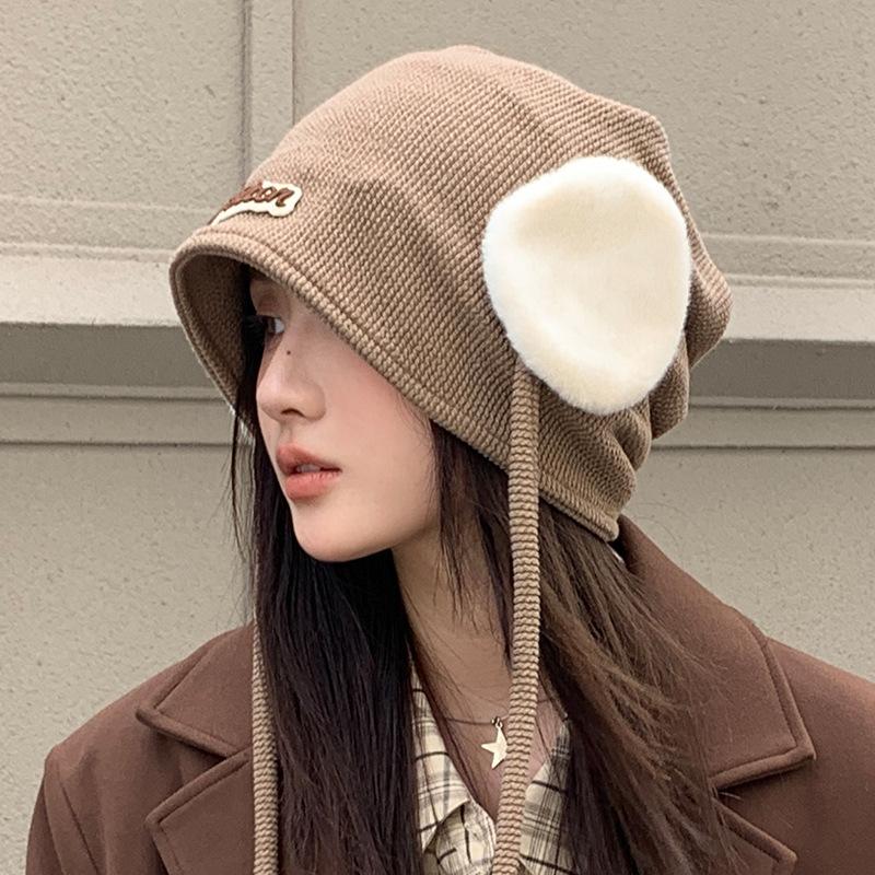 Warm Ear Protection Knitted Wool Hat with Big Head Circumference Showing Face Small Pile of Hats Versatile Head Hat
