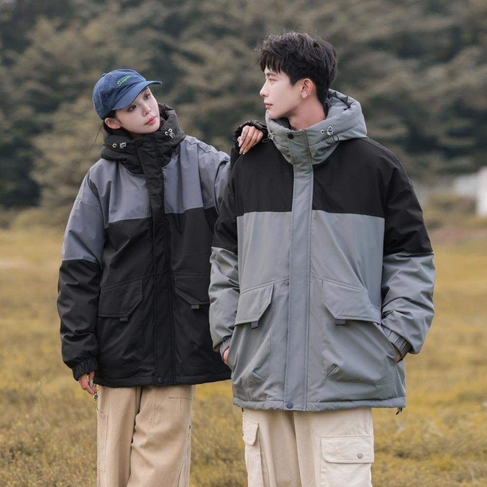 2025 winter new hooded feather tooling color matching fleece clothing fashionable versatile thickened warm and cold-resistant couple jacket