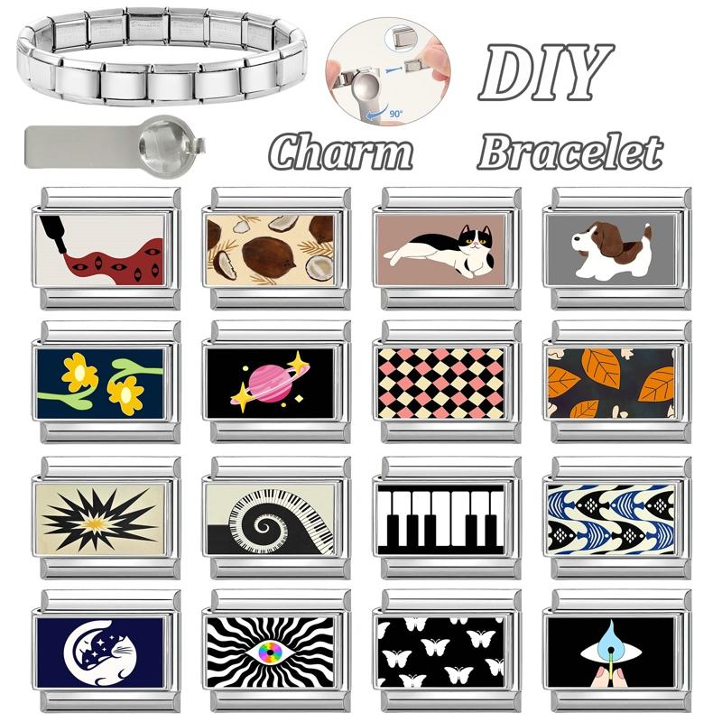 Wholesale Y2K Cat Dog Moon Eyes Piano Candy Flower Coconut Italian Charm Links Fit 9mm Stainless Steel Bracelet DIY Making Gift