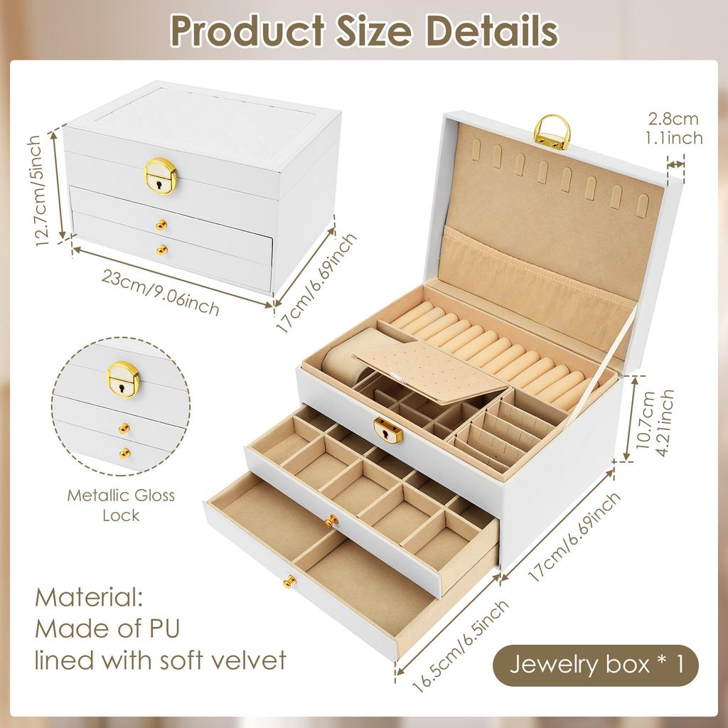 3 Layers Jewelry Box with 2 Drawers PU Leather Jewelry Storage Case Ideal for Necklace Bracelet Ring and Earring Organizer