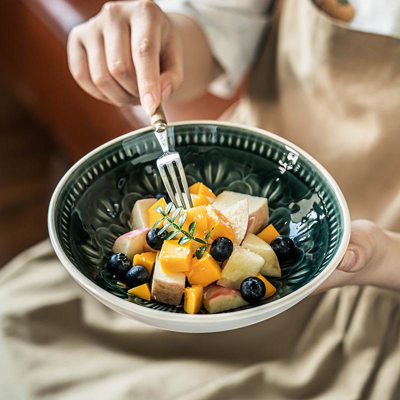 Retro Style Green Pattern Ceramic Bowl Household Tableware Salad Bowl Round Noodle Bowl Restaurant Vegetable Bowl Bowl