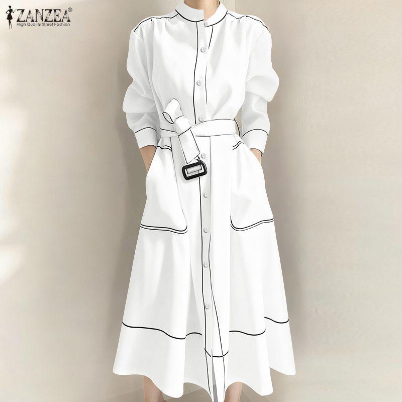 ZANZEA Women Casual Round Neck Solid Color Long Sleeve Loose Dress