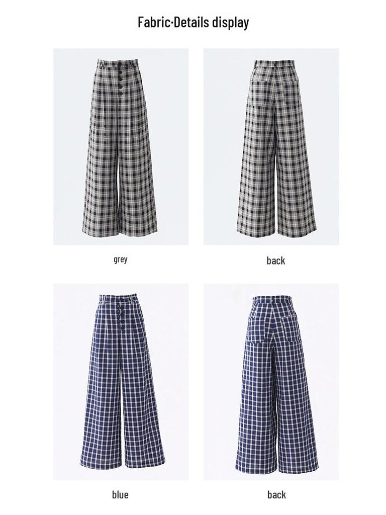 Women's High Waist Plaid Wide-Leg Casual Pants - Autumn Button-Down Style