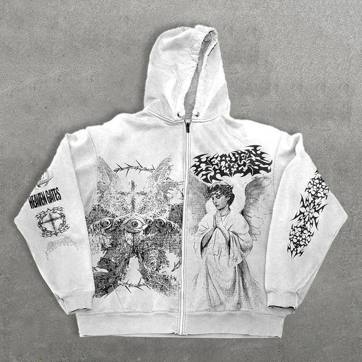 Unisex Angel Print Zipper Hoodie - Y2K Retro Style (Autumn/Winter Collection)