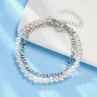 Yousheng 2 Pcs/Set Unisex Bracelet Faux Pearl Hollow Chain Lobster Clip Adjustable Double-layered Stackable Smooth Polished Wrist Bracelet