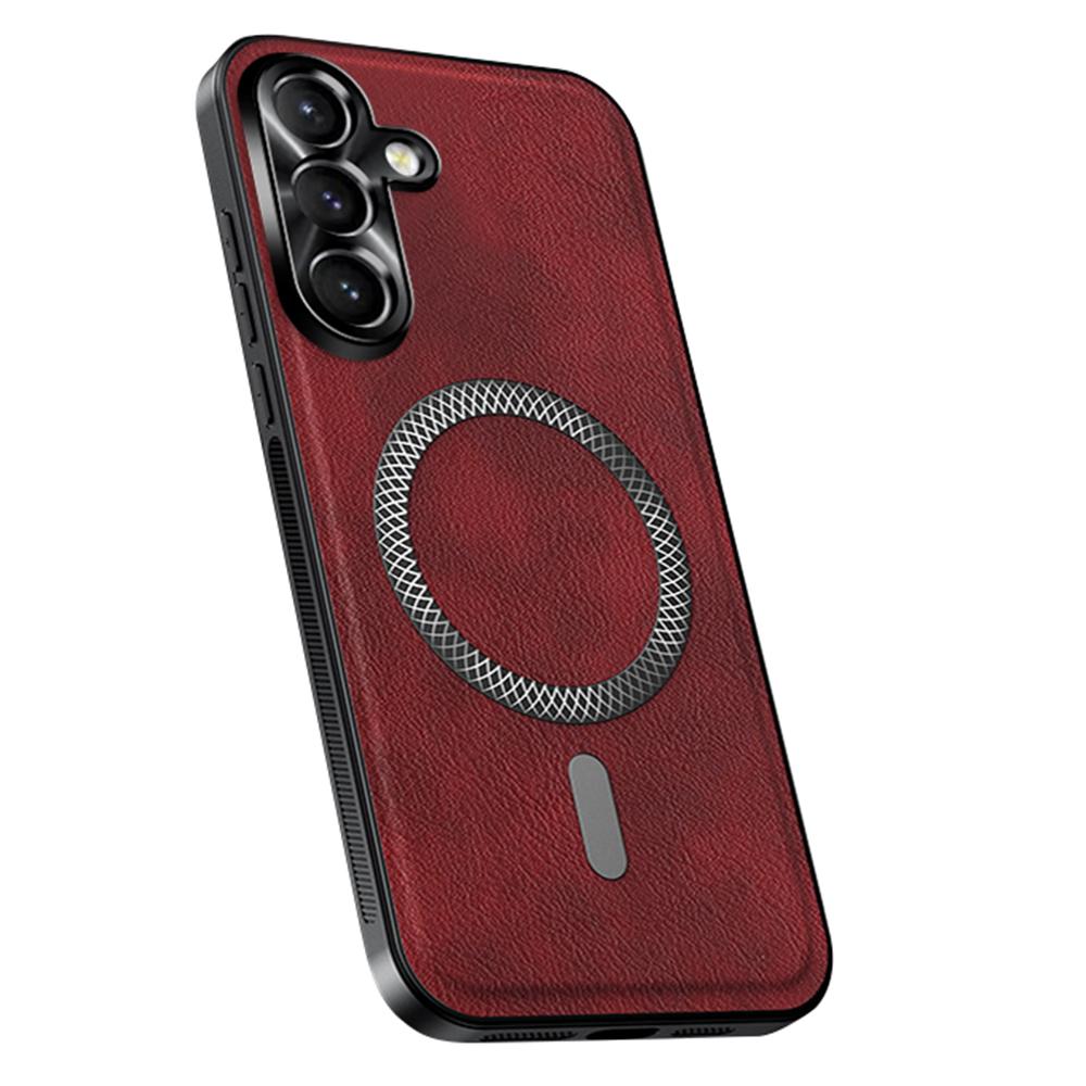 

For Samsung Galaxy S24 Case Compatible with MagSafe PU TPU PC Phone Back Cover with Metal Lens Frame Wine Red