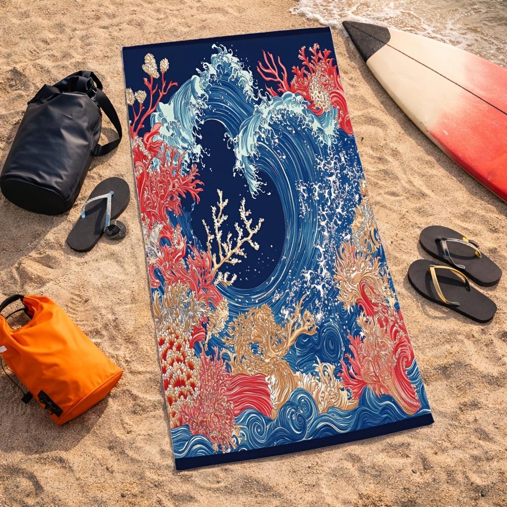 Japanese Wave Ocean Beach Towel Vintage Nautical Coral Print Microfiber Quick Dry Oversized Beach Blanket for Summer Pool