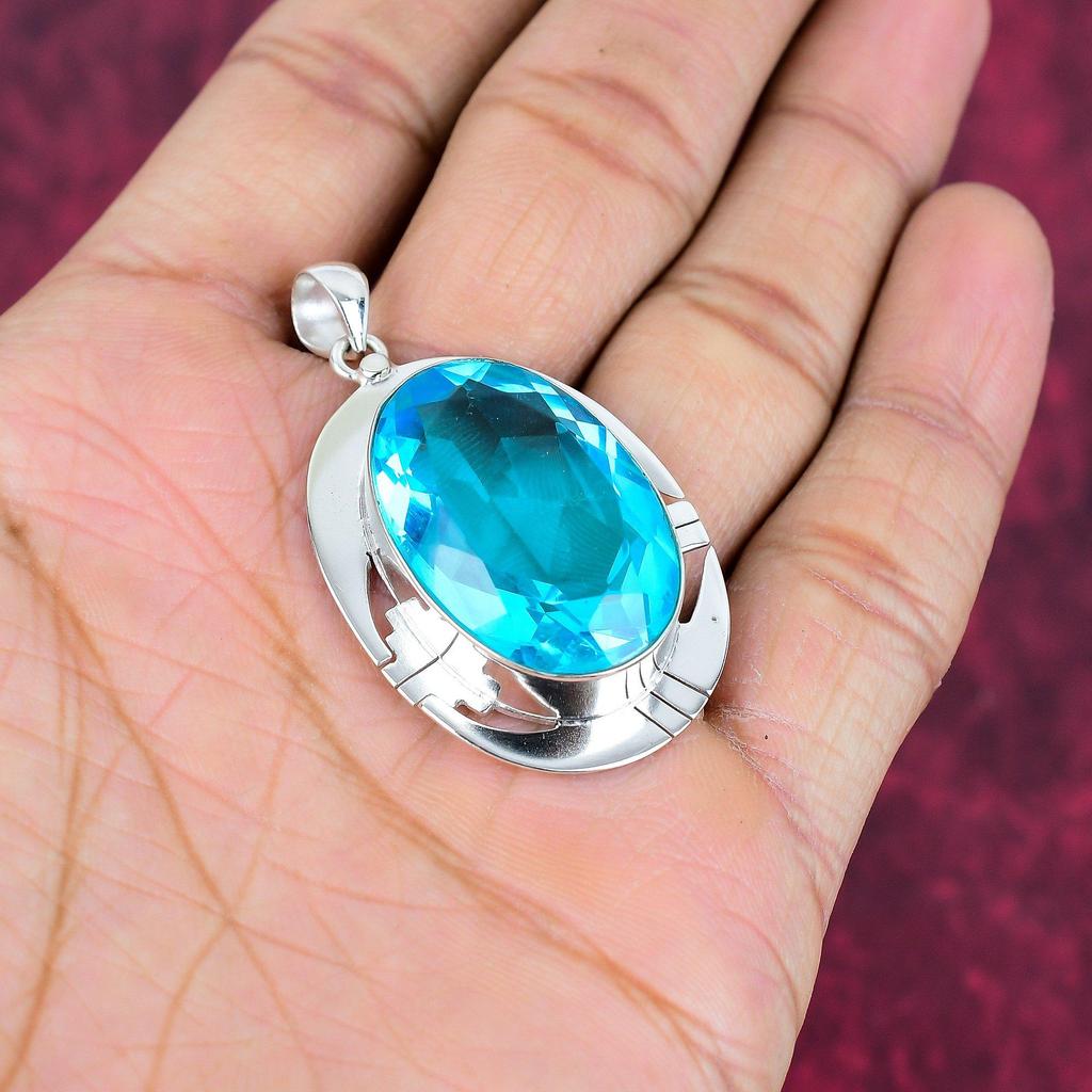 Swiss Blue Topaz Pendant, Handmade Gemstone Pendant, 925 Solid Sterling Silver Pendant Antique Jewelry, For Engagement Gift