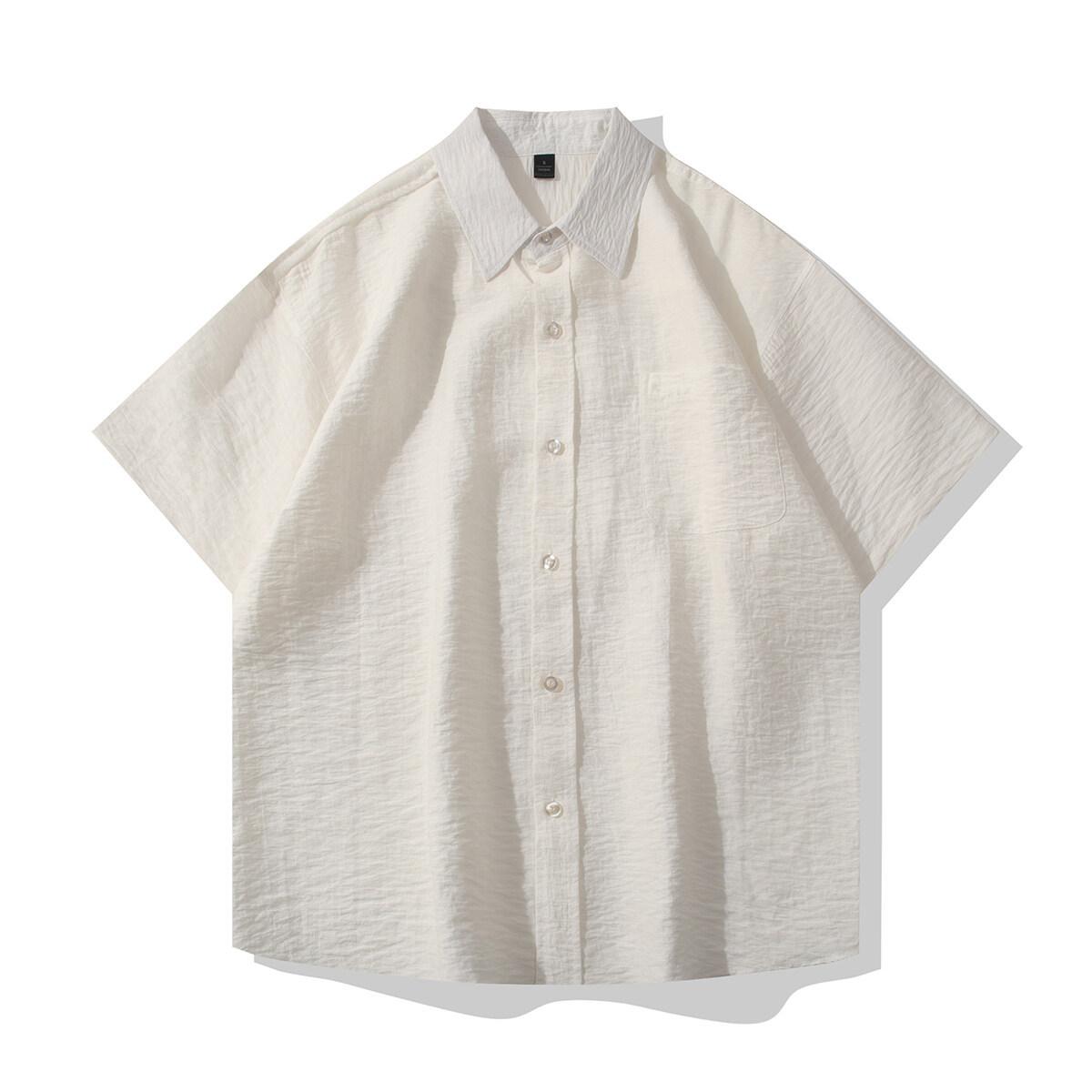 Men Solid Color Stand Collar Loose Casual Short Sleeve Shirt S