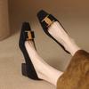 New Comfortable Suede Single Shoes Women's Foot Cover One Pedal Casual Solid Color Square Head Medium Heel Large Size Shoes Square Heel Single Shoes