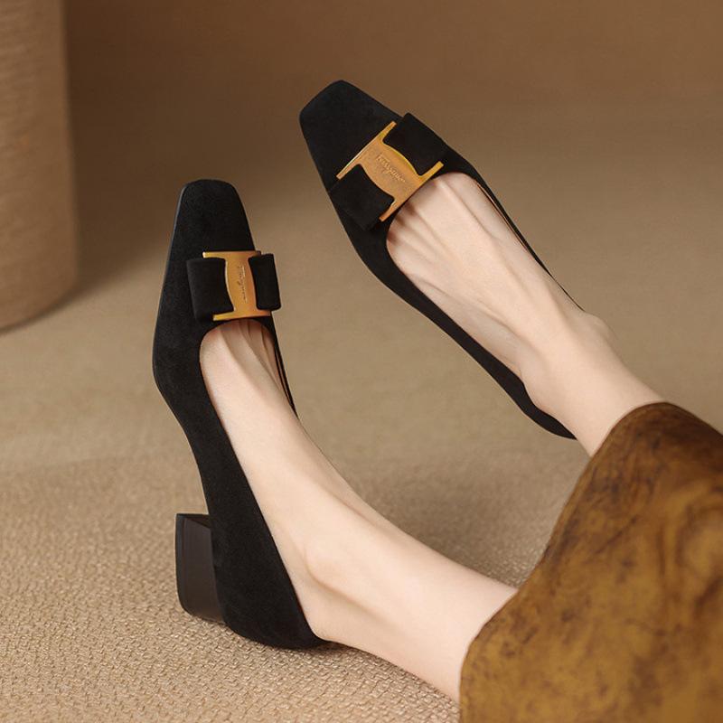 New Comfortable Suede Single Shoes Women's Foot Cover One Pedal Casual Solid Color Square Head Medium Heel Large Size Shoes Square Heel Single Shoes