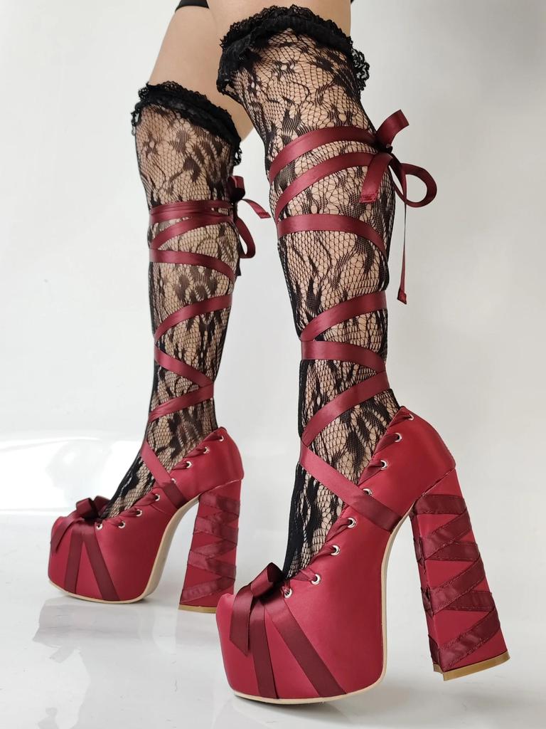 2025 Nuevas Sandalias Lolita Rosas Dulces de Plataforma con Tiras Tacón Grueso Talla Grande 47 Zapatos de Salón de Mujer Satén Lazo Cordones Sandalias de Moda