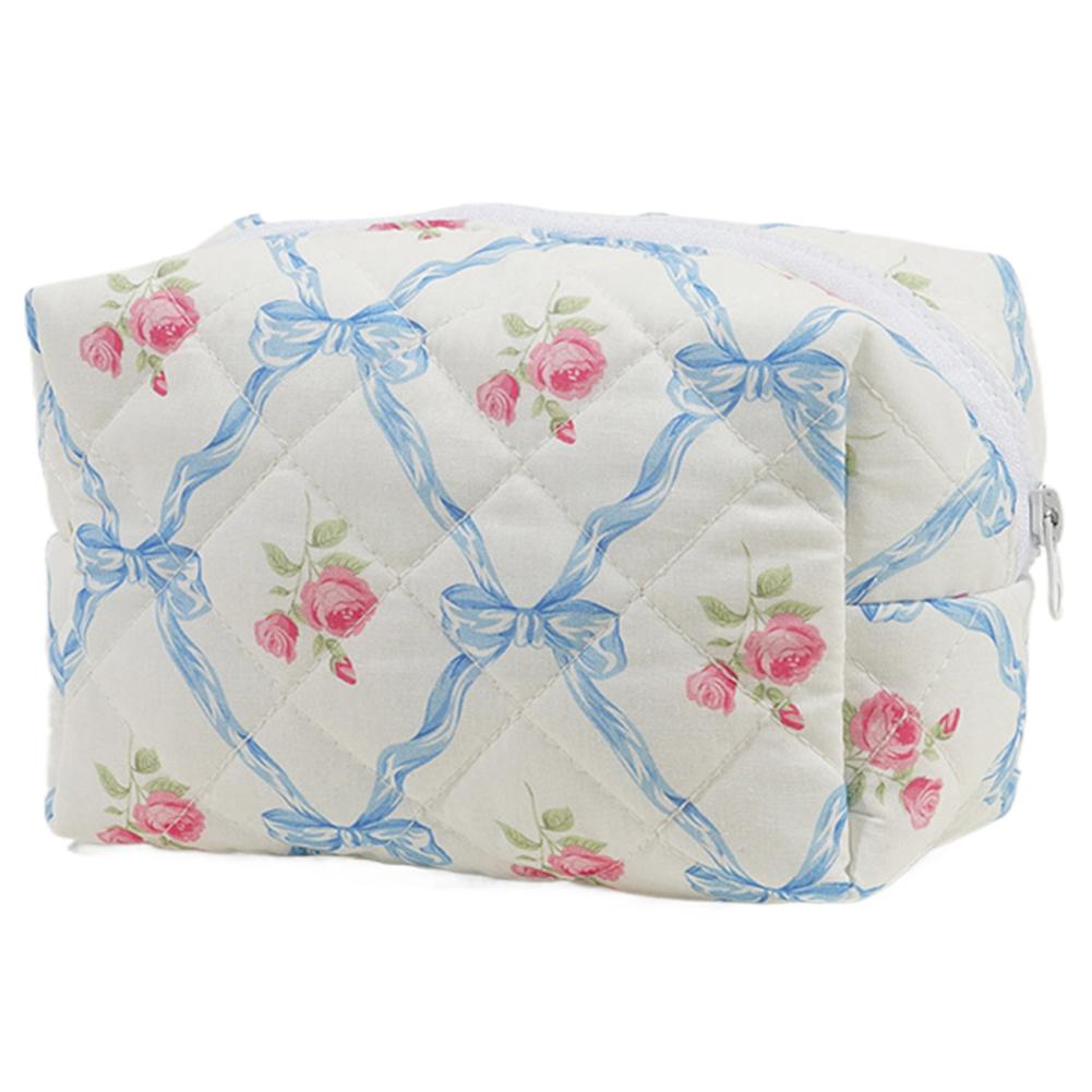 Cute Bow Floral Makeup Bag with Zipper Makeup Organizer Storage Bag Cotton Quilted Cosmetic Organizer Case Large for Women Girls