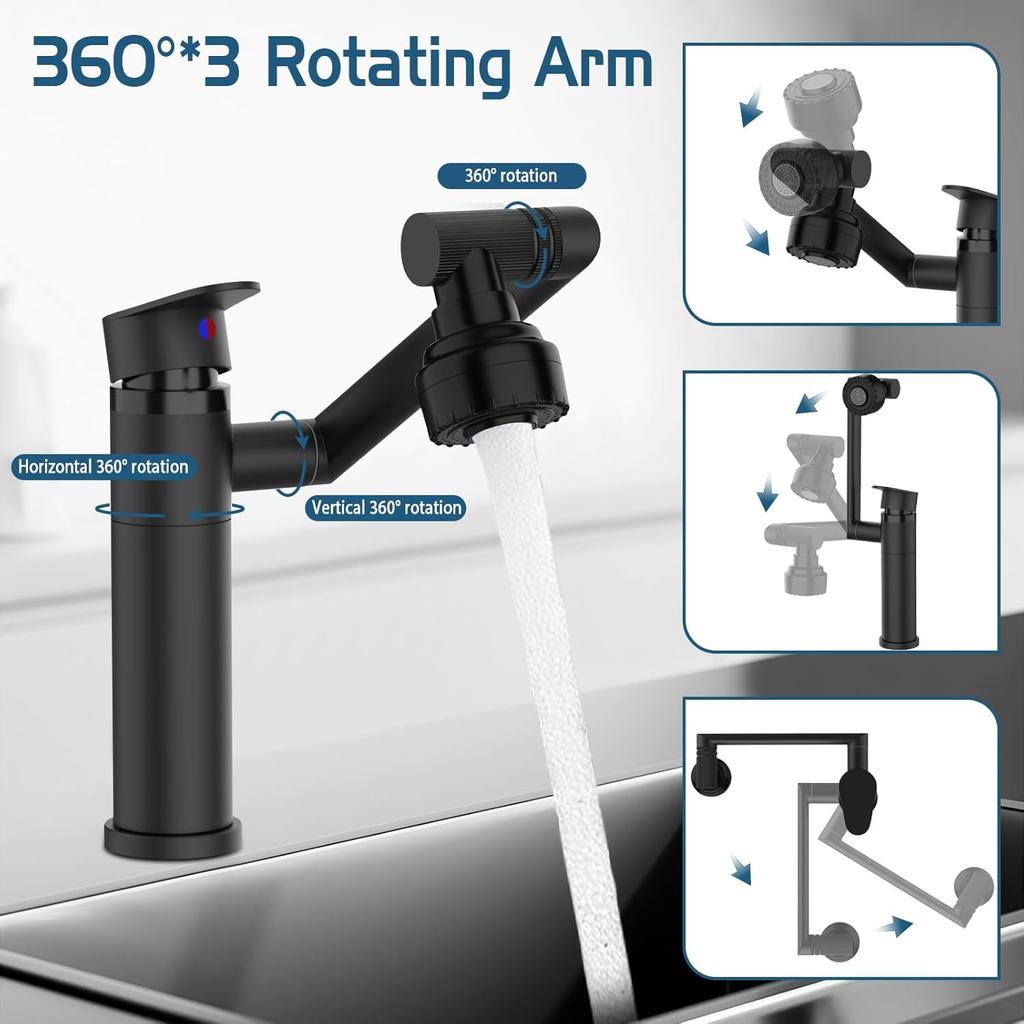 Bathroom faucet, 1080° rotatable bathroom fittings with 2 G3/8 hoses, sink faucet with 2 water outlet modes, hot cold mixer battery for bathroom kitch