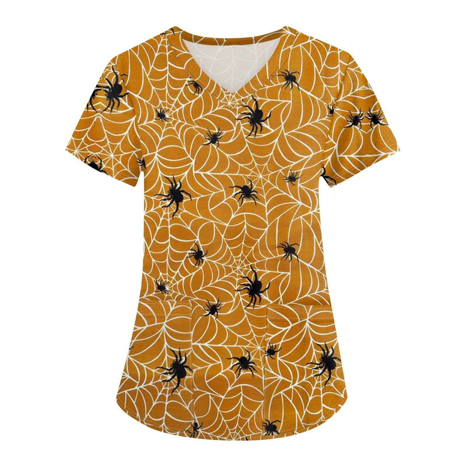 

Плюс размер Печатный скраб Рабочая форма Топы для женщин Крест V-образным вырезом Хэллоуин Принт с короткими рукавами Забавные футболки Спецодежда Футболка с карманами L имбирный