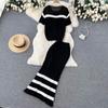 Women's Autumn Two-Piece Suit Short-Sleeved Knitted Sweater Top High-Waisted Slim Bag Hips Long Skirt