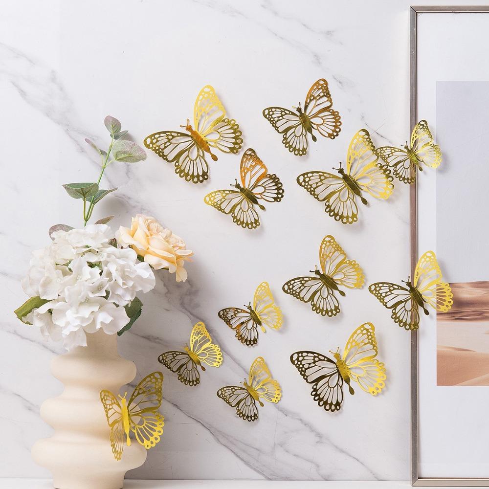 12pcs New 3D Butterfly Wall Stickers Self Adhesive DIY Butterfly Wallpaper Hollow Butterfly Decal Home Decoration