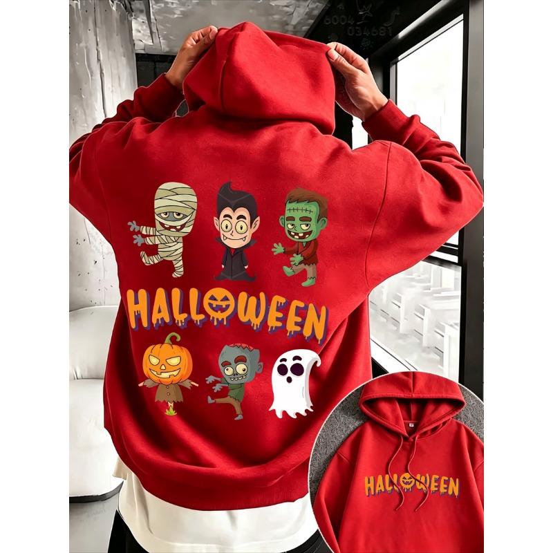 Halloween Men's Street Hoodie with Cartoon Witch, Zombie, Ghost and Pumpkin Double-sided Print, Couple Loose Pullover Sweater